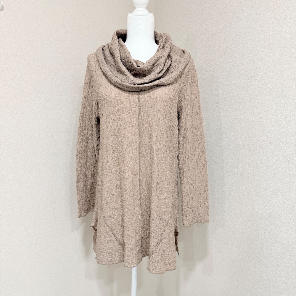 Ali Miles Tunic Top Medium Tan Cowl Neck Textured Lagenlook Minimalist Coastal